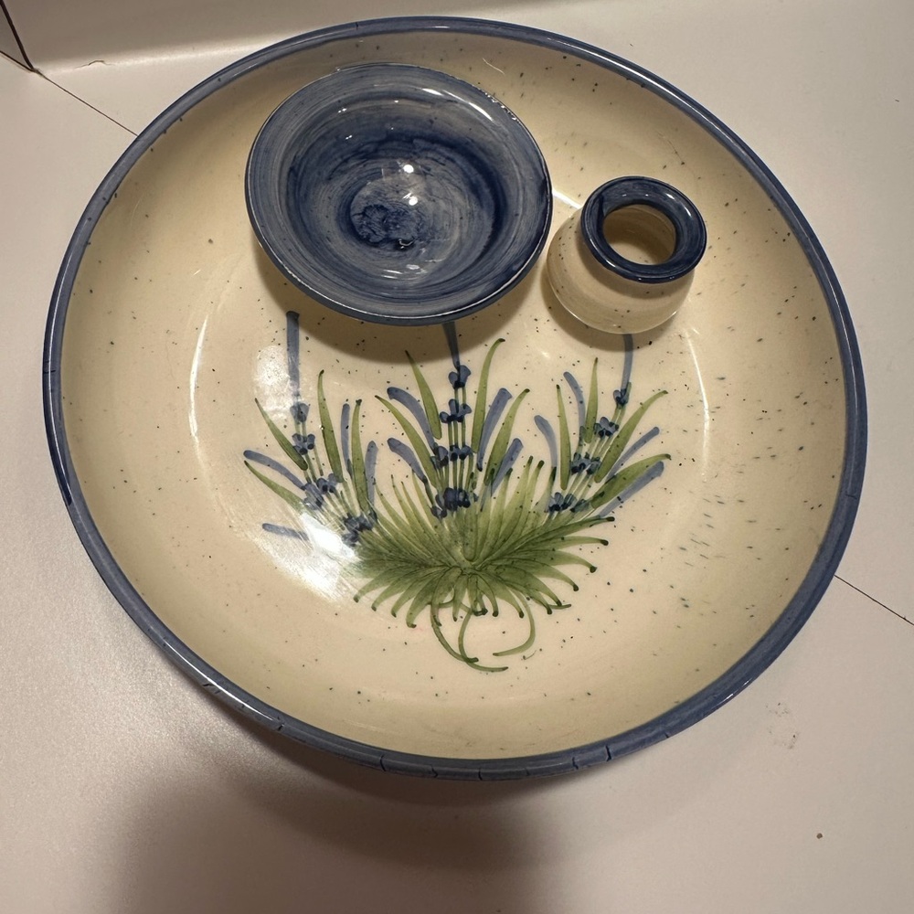 VINTAGE FAIT MAIN CERAMIQUE GERALDINE FLORAL OLIVE BOWL DISH FRANCE